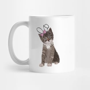 Cute hand drawn cat with easter bunny ear and pink ribbon Mug